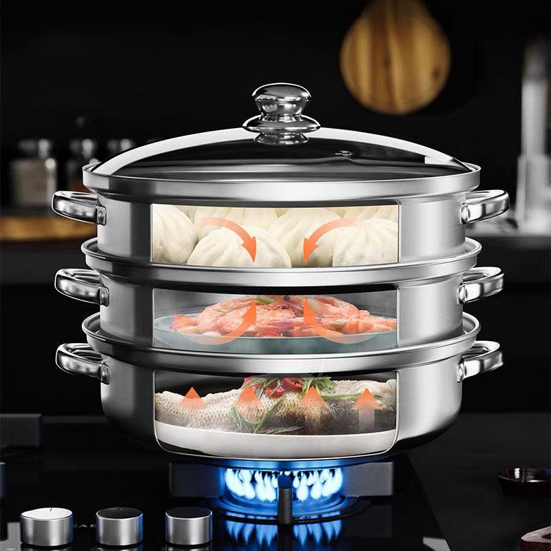 Stainless Steel Three-Layer Steamer for Steaming Meat Vegetables Pasta