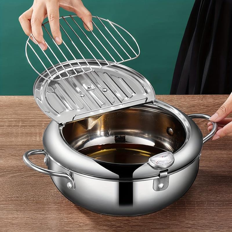 Stainless Steel Deep Fryer Pot 3400ml - Tempura Small Fryer w/ Thermometer