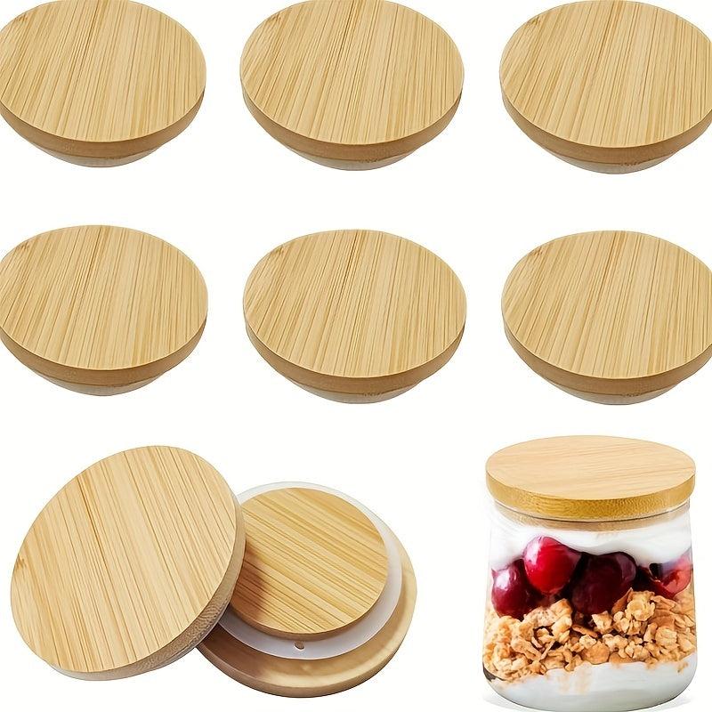 10 Natural Bamboo Yogurt/Coffee Bean Jar Lids, Silicone Seal, Kitchen Supplies