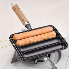 Cast Iron Sausage Pot Square Baking Pan with Wooden Handle
