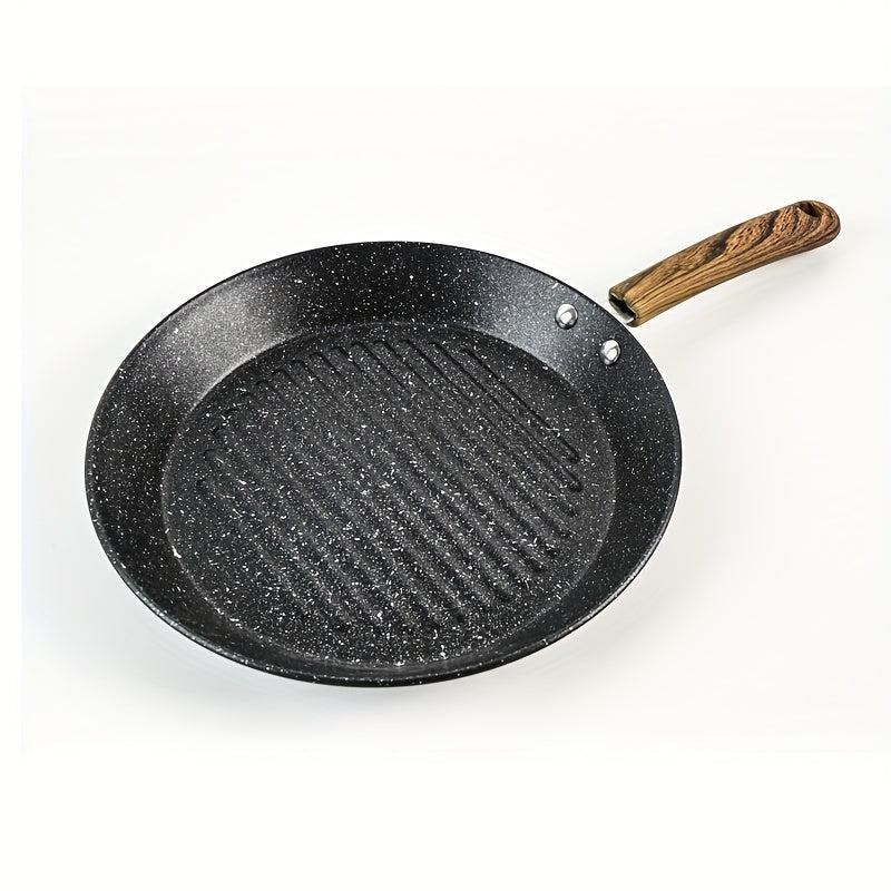 Steak Pan Round Grill Pan with Wooden Handle Stove Top Griddle Pan
