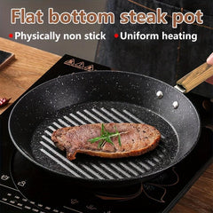 Steak Pan Round Grill Pan with Wooden Handle Stove Top Griddle Pan