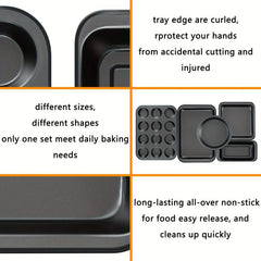5pcs Nonstick Bakeware Set Round Square Cake Muffin Loaf Roast Baking Sheets