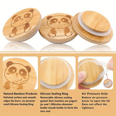 6pcs Panda Patterned OUI Bottle Caps Bamboo Sealed Can Container Caps