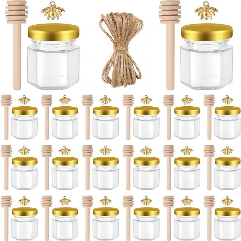 Mini Glass Honey Jars with Dipper and Bee Pendants