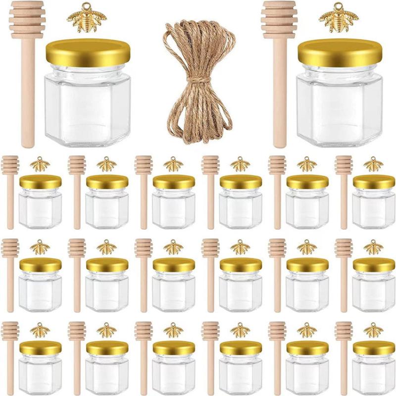 Mini Glass Honey Jars with Dipper and Bee Pendants