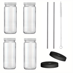 16oz Glass Juice Bottles with Lids and Straws - Perfect for Boba, Smoothies