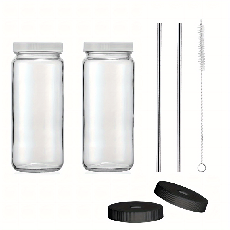 16oz Glass Juice Bottles with Lids and Straws - Perfect for Boba, Smoothies