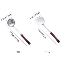 Stainless Steel Wok Spatula Soup Spoon Heat Resistant Wooden Handle