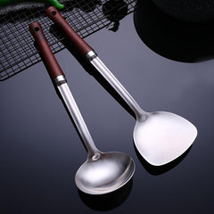Stainless Steel Wok Spatula Soup Spoon Heat Resistant Wooden Handle