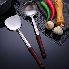 Stainless Steel Wok Spatula Soup Spoon Heat Resistant Wooden Handle