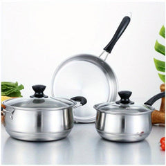 3pcs Stainless Steel Cookware Set Flat Bottom Frying Pan Soup Pot Milk Pot