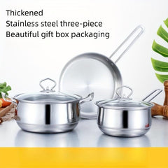 3pcs Stainless Steel Cookware Set Flat Bottom Frying Pan Soup Pot Milk Pot
