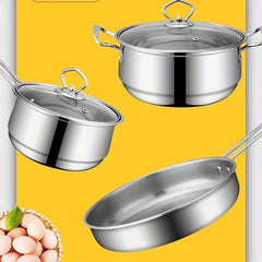 3pcs Stainless Steel Cookware Set Flat Bottom Frying Pan Soup Pot Milk Pot