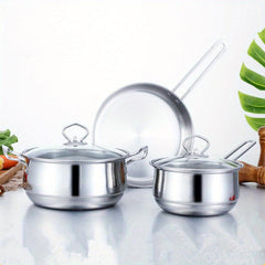 3pcs Stainless Steel Cookware Set Flat Bottom Frying Pan Soup Pot Milk Pot