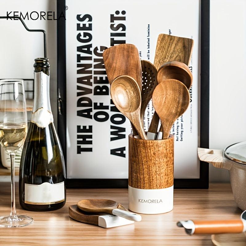 9pcs Wooden Cooking Utensils Kitchen Set with Holder and Rest