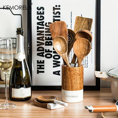 9pcs Wooden Cooking Utensils Kitchen Set with Holder and Rest