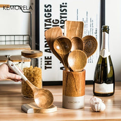 9pcs Wooden Cooking Utensils Kitchen Set with Holder and Rest