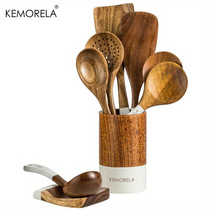 9pcs Wooden Cooking Utensils Kitchen Set with Holder and Rest