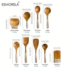 9pcs Wooden Cooking Utensils Kitchen Set with Holder and Rest