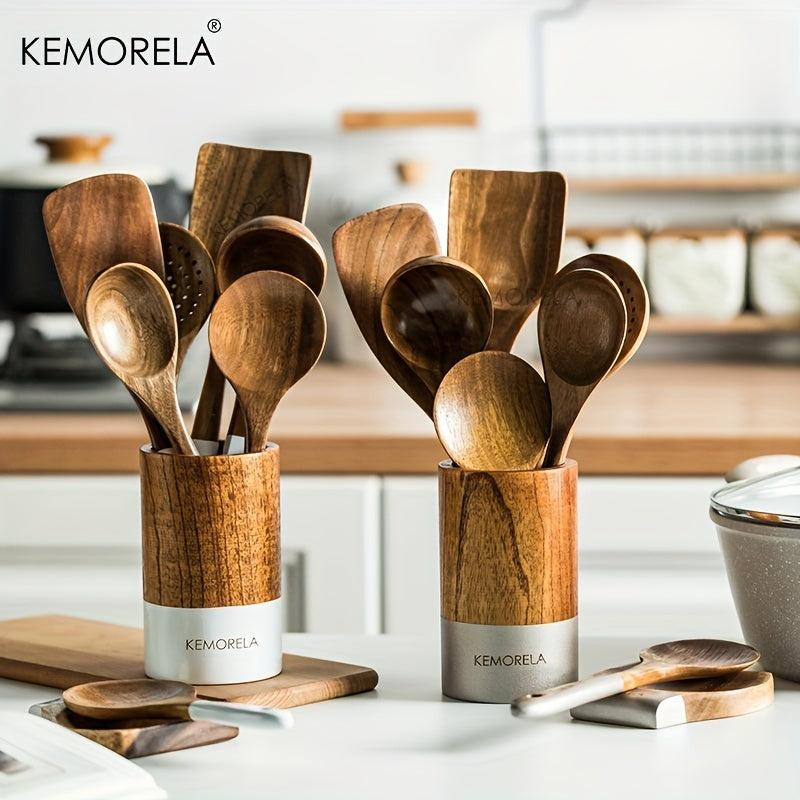 9pcs Wooden Cooking Utensils Kitchen Set with Holder and Rest