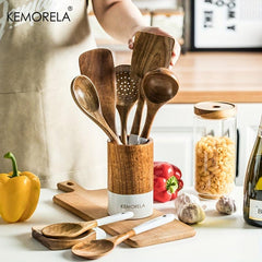 9pcs Wooden Cooking Utensils Kitchen Set with Holder and Rest