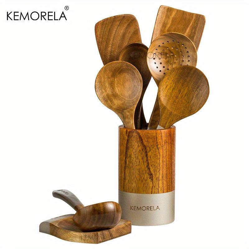 9pcs Wooden Cooking Utensils Kitchen Set with Holder and Rest