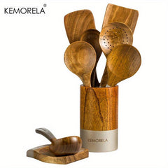 9pcs Wooden Cooking Utensils Kitchen Set with Holder and Rest
