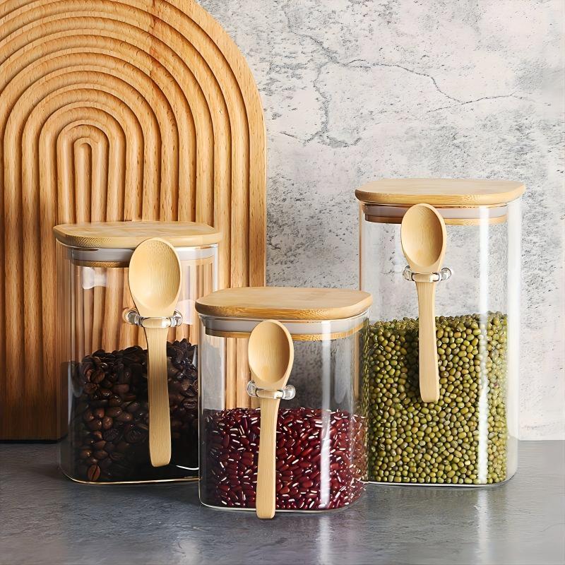 3pcs High Glass Jars w/ Bamboo Cover for Candy Seasoning Tea Storage