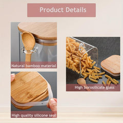 3pcs High Glass Jars w/ Bamboo Cover for Candy Seasoning Tea Storage