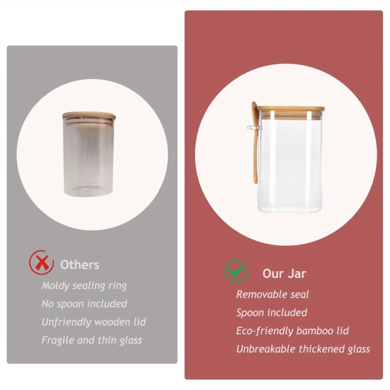 3pcs High Glass Jars w/ Bamboo Cover for Candy Seasoning Tea Storage