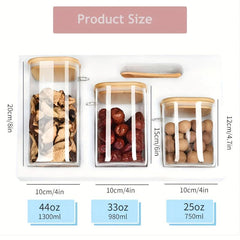 3pcs High Glass Jars w/ Bamboo Cover for Candy Seasoning Tea Storage