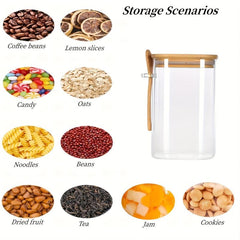 3pcs High Glass Jars w/ Bamboo Cover for Candy Seasoning Tea Storage