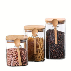 3pcs High Glass Jars w/ Bamboo Cover for Candy Seasoning Tea Storage