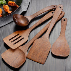 6pcs Wooden Kitchen Utensils Set Spatula Ladle Rice Paddle