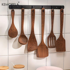 6pcs Wooden Kitchen Utensils Set Spatula Ladle Rice Paddle