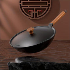 Non Stick Chef's Pan 30 Wok With Lid Wooden Handle