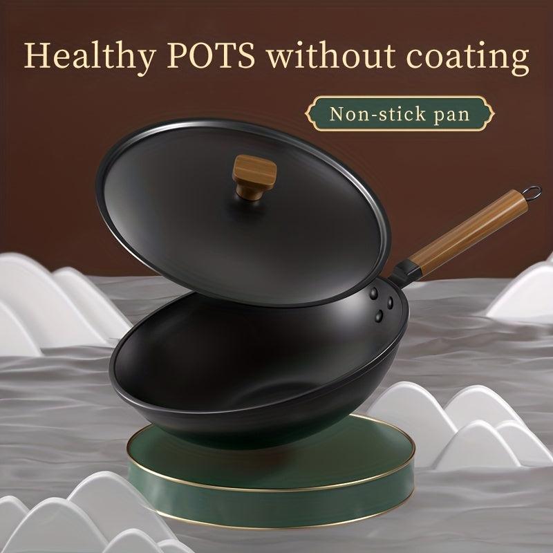 Non Stick Chef's Pan 30 Wok With Lid Wooden Handle