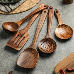 10PCS Wood Utensils for Cooking Set Spoon Spatula Ladle Kitchen Accessories