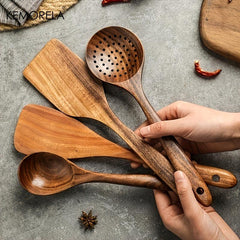 10PCS Wood Utensils for Cooking Set Spoon Spatula Ladle Kitchen Accessories