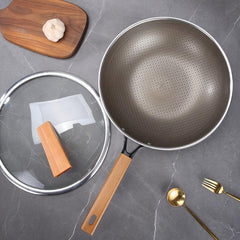 Nonstick Stainless Steel Frying Pan with Wood Handle & Glass Cover
