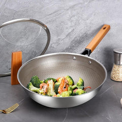 Nonstick Stainless Steel Frying Pan with Wood Handle & Glass Cover