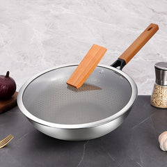 Nonstick Stainless Steel Frying Pan with Wood Handle & Glass Cover