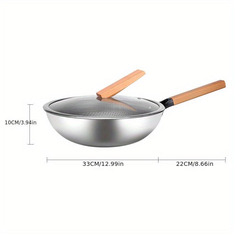 Nonstick Stainless Steel Frying Pan with Wood Handle & Glass Cover