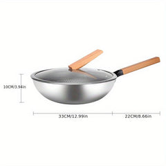 Nonstick Stainless Steel Frying Pan with Wood Handle & Glass Cover