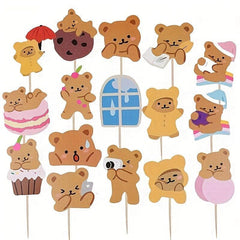 16pcs Bear Cake Toppers Birthday Party Cupcake Decoration