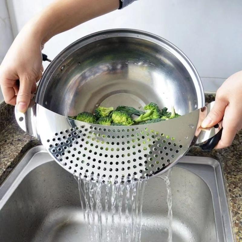 Stainless Steel Pot Strainer Hand Held Pot Drainer Fruit Washing Filter