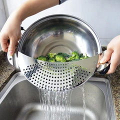Stainless Steel Pot Strainer Hand Held Pot Drainer Fruit Washing Filter