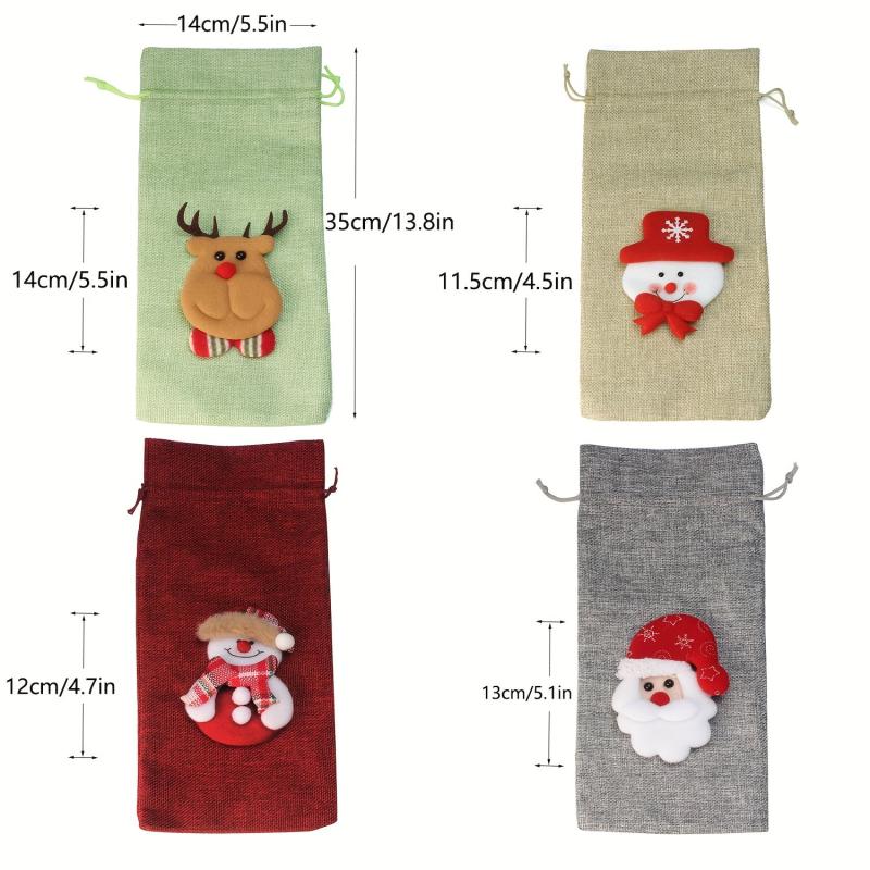 4pcs Christmas Wine Bottle Cover Xmas Party Decor Santa Claus Snowman Elk