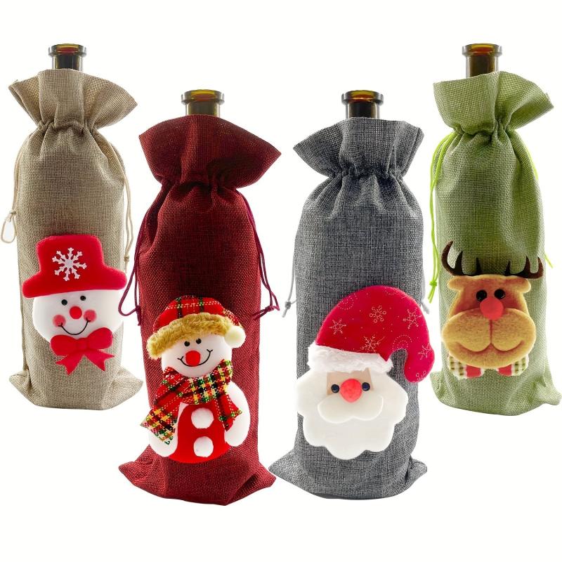 4pcs Christmas Wine Bottle Cover Xmas Party Decor Santa Claus Snowman Elk